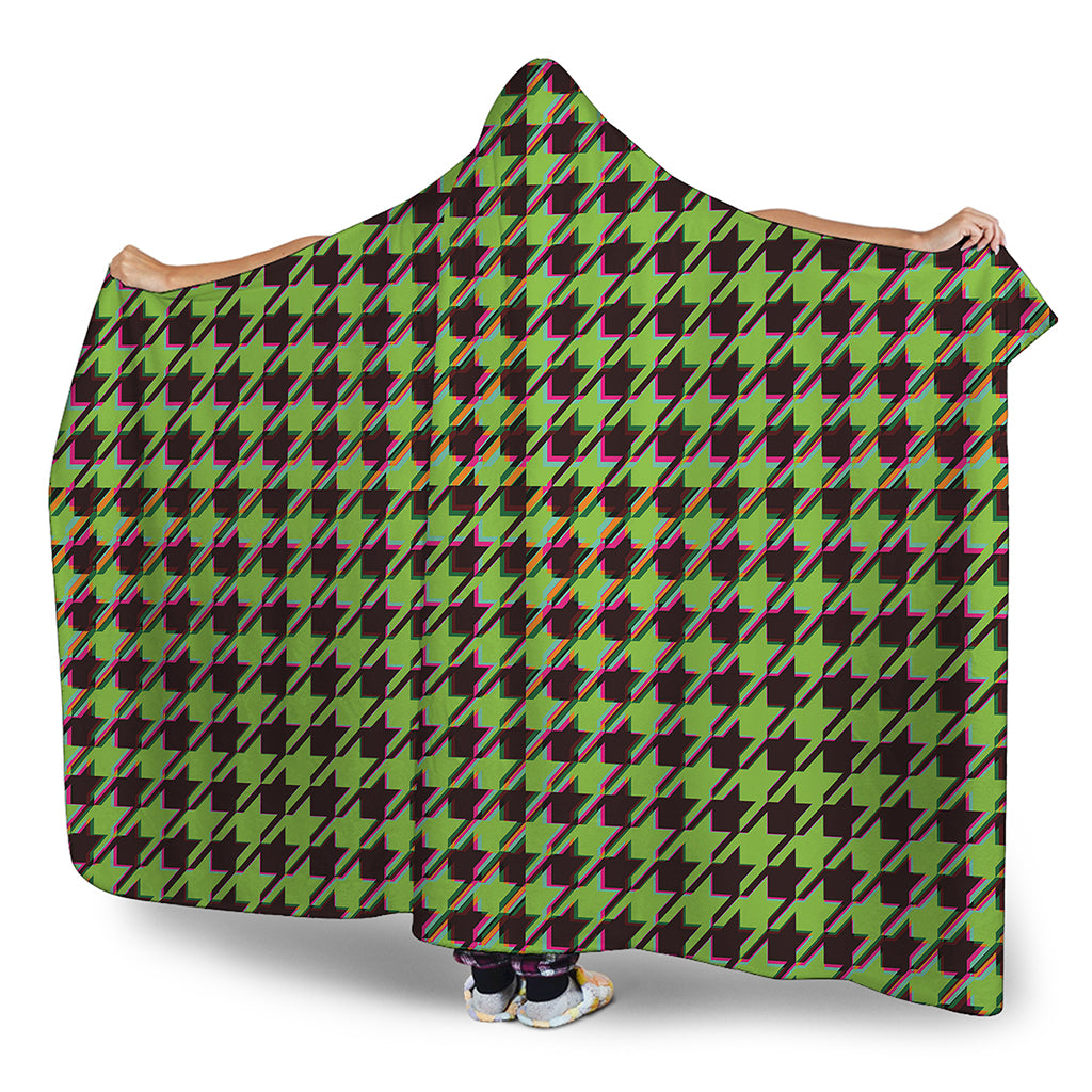 Trippy green Houndstooth Pattern Print Hooded Blanket