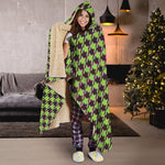 Trippy green Houndstooth Pattern Print Hooded Blanket