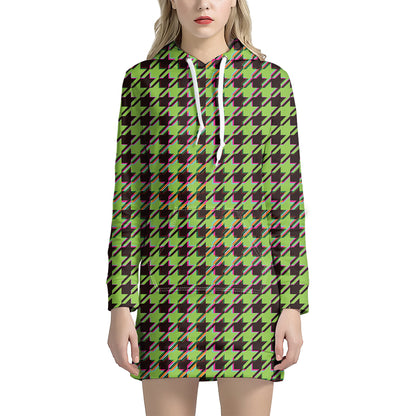 Trippy green Houndstooth Pattern Print Hoodie Dress