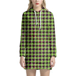 Trippy green Houndstooth Pattern Print Hoodie Dress