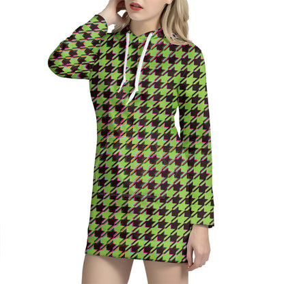 Trippy green Houndstooth Pattern Print Hoodie Dress