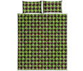 Trippy green Houndstooth Pattern Print Quilt Bed Set