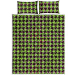 Trippy green Houndstooth Pattern Print Quilt Bed Set