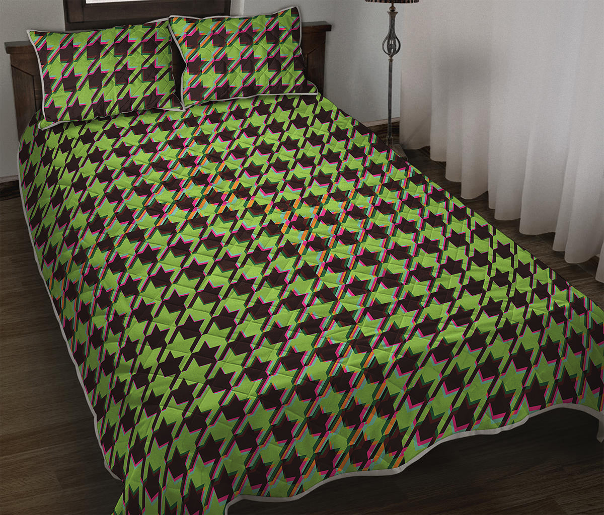 Trippy green Houndstooth Pattern Print Quilt Bed Set