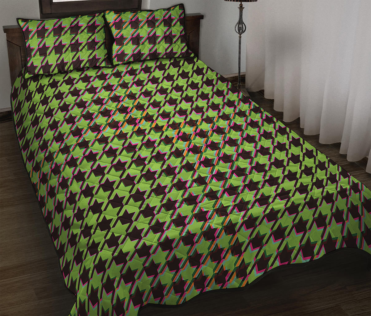 Trippy green Houndstooth Pattern Print Quilt Bed Set