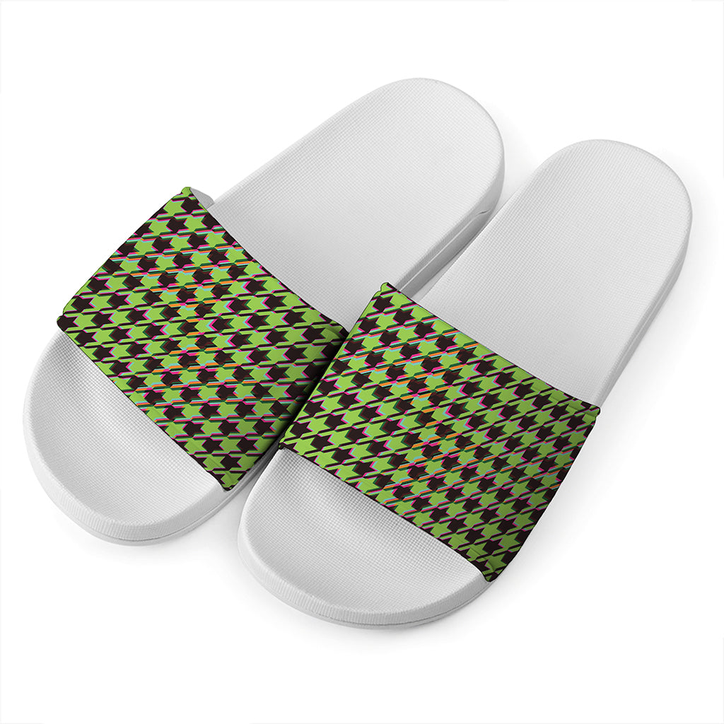 Trippy green Houndstooth Pattern Print White Slide Sandals