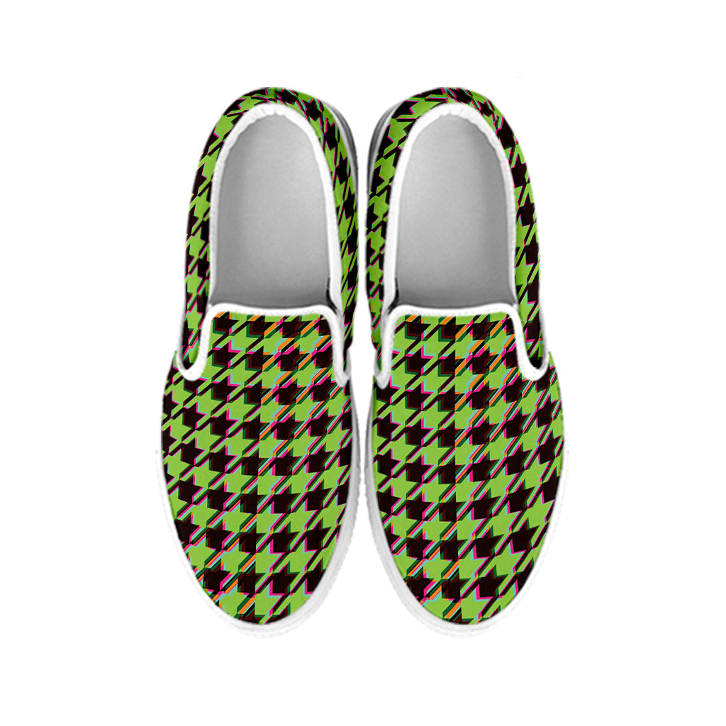 Trippy green Houndstooth Pattern Print White Slip On Shoes