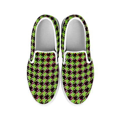 Trippy green Houndstooth Pattern Print White Slip On Shoes