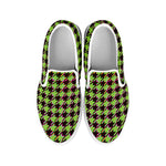 Trippy green Houndstooth Pattern Print White Slip On Shoes