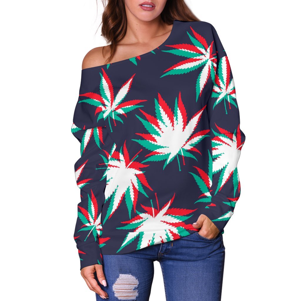 Trippy Hemp Leaves Reggae Pattern Print Off Shoulder Sweatshirt GearFrost