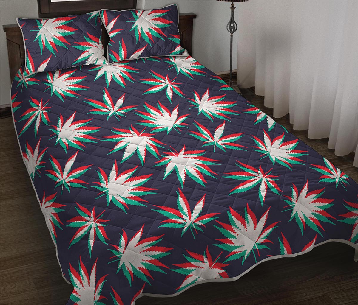 Trippy Hemp Leaves Reggae Pattern Print Quilt Bed Set