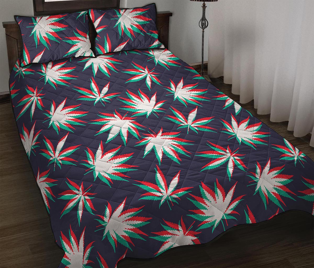 Trippy Hemp Leaves Reggae Pattern Print Quilt Bed Set