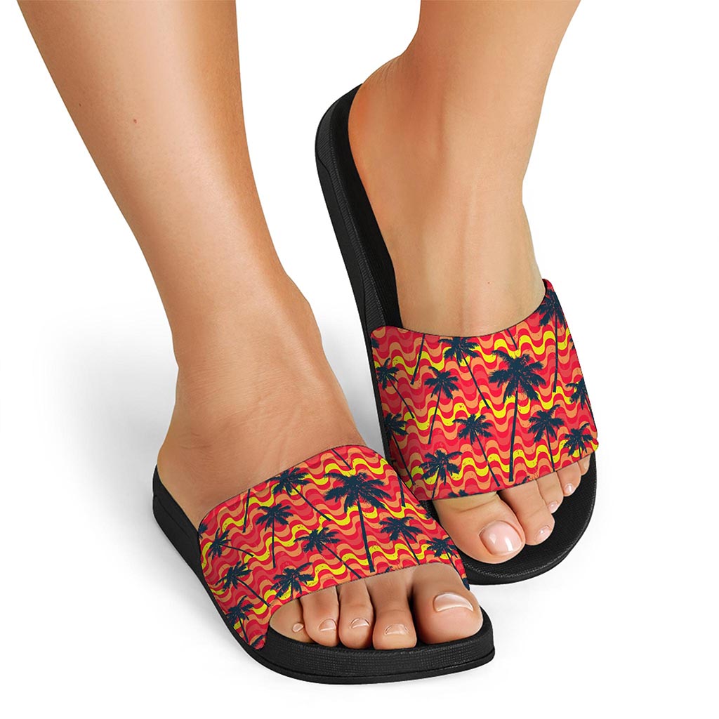 Trippy Palm Tree Pattern Print Black Slide Sandals