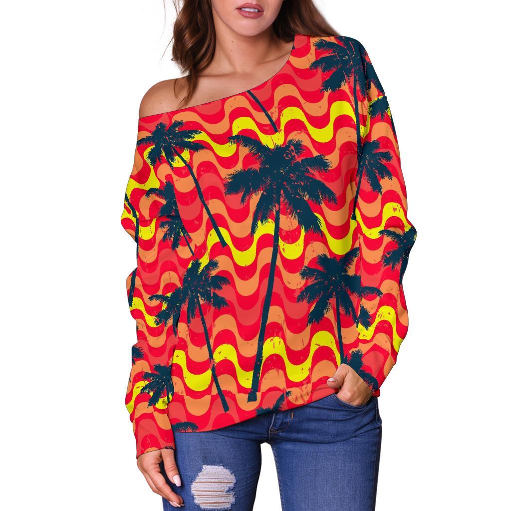 Trippy Palm Tree Pattern Print Off Shoulder Sweatshirt GearFrost