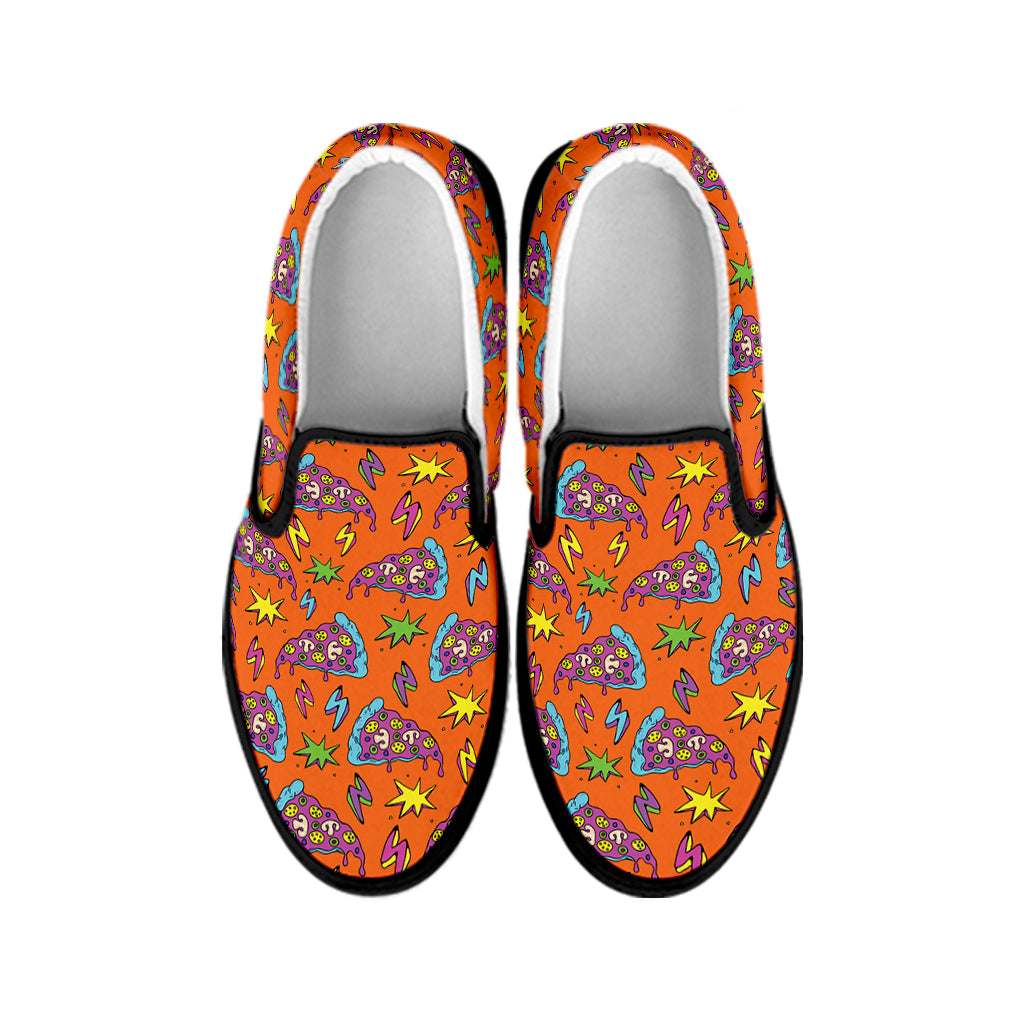 Trippy Pizza Pattern Print Black Slip On Shoes
