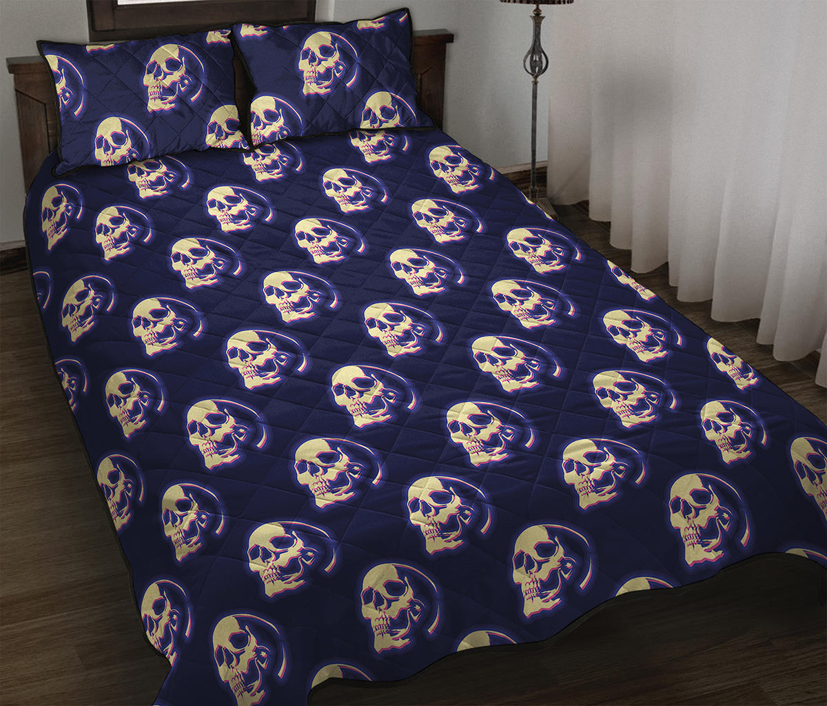 Trippy Skull Pattern Print Quilt Bed Set