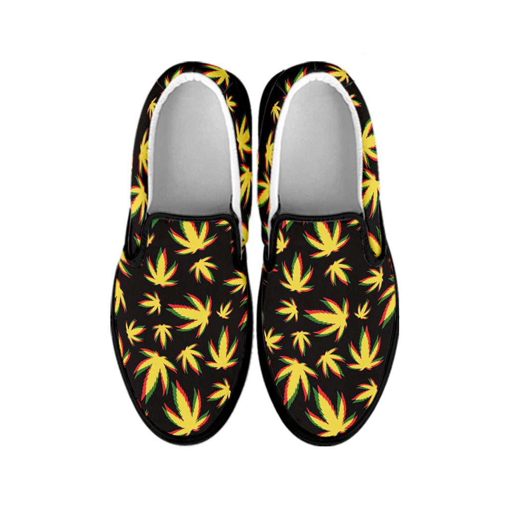 Trippy Weed Leaf Pattern Print Black Slip On Shoes