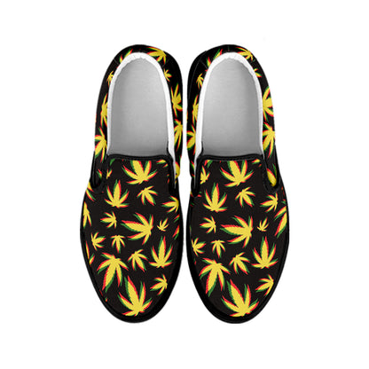 Trippy Weed Leaf Pattern Print Black Slip On Shoes