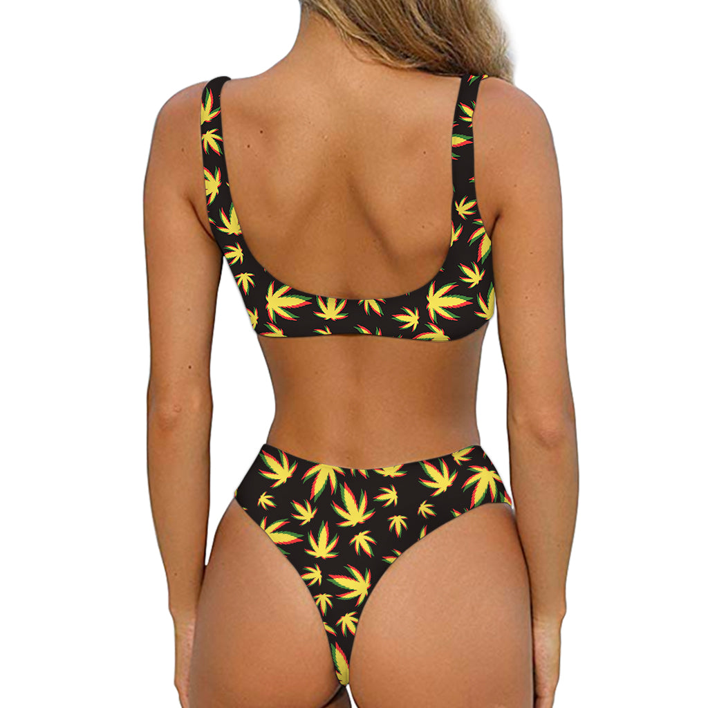 Trippy Weed Leaf Pattern Print Front Bow Tie Bikini