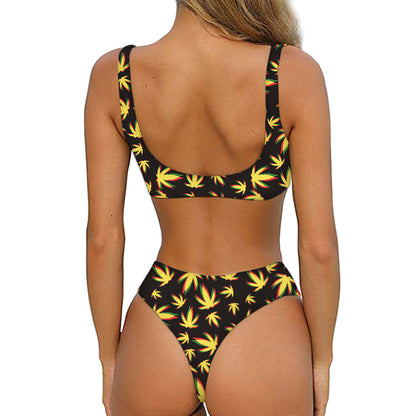 Trippy Weed Leaf Pattern Print Front Bow Tie Bikini
