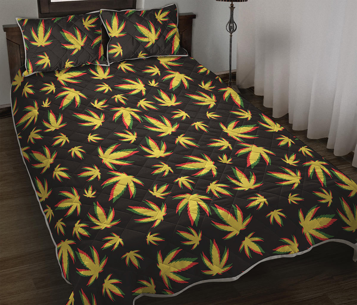 Trippy Weed Leaf Pattern Print Quilt Bed Set