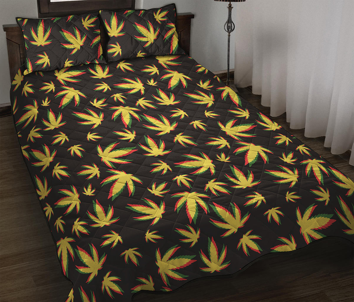 Trippy Weed Leaf Pattern Print Quilt Bed Set