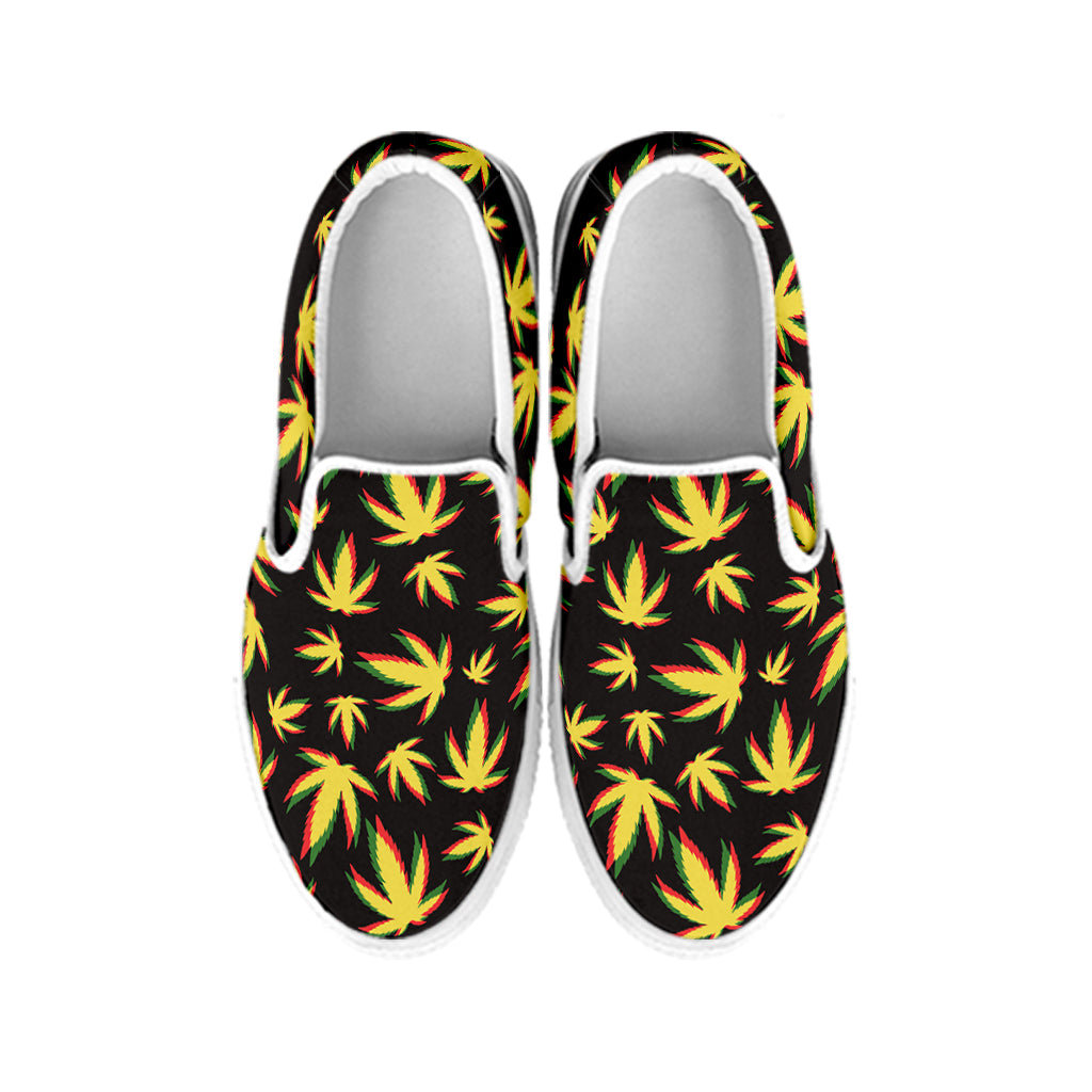 Trippy Weed Leaf Pattern Print White Slip On Shoes