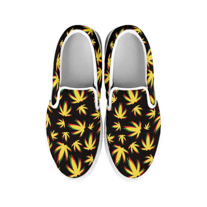 Trippy Weed Leaf Pattern Print White Slip On Shoes