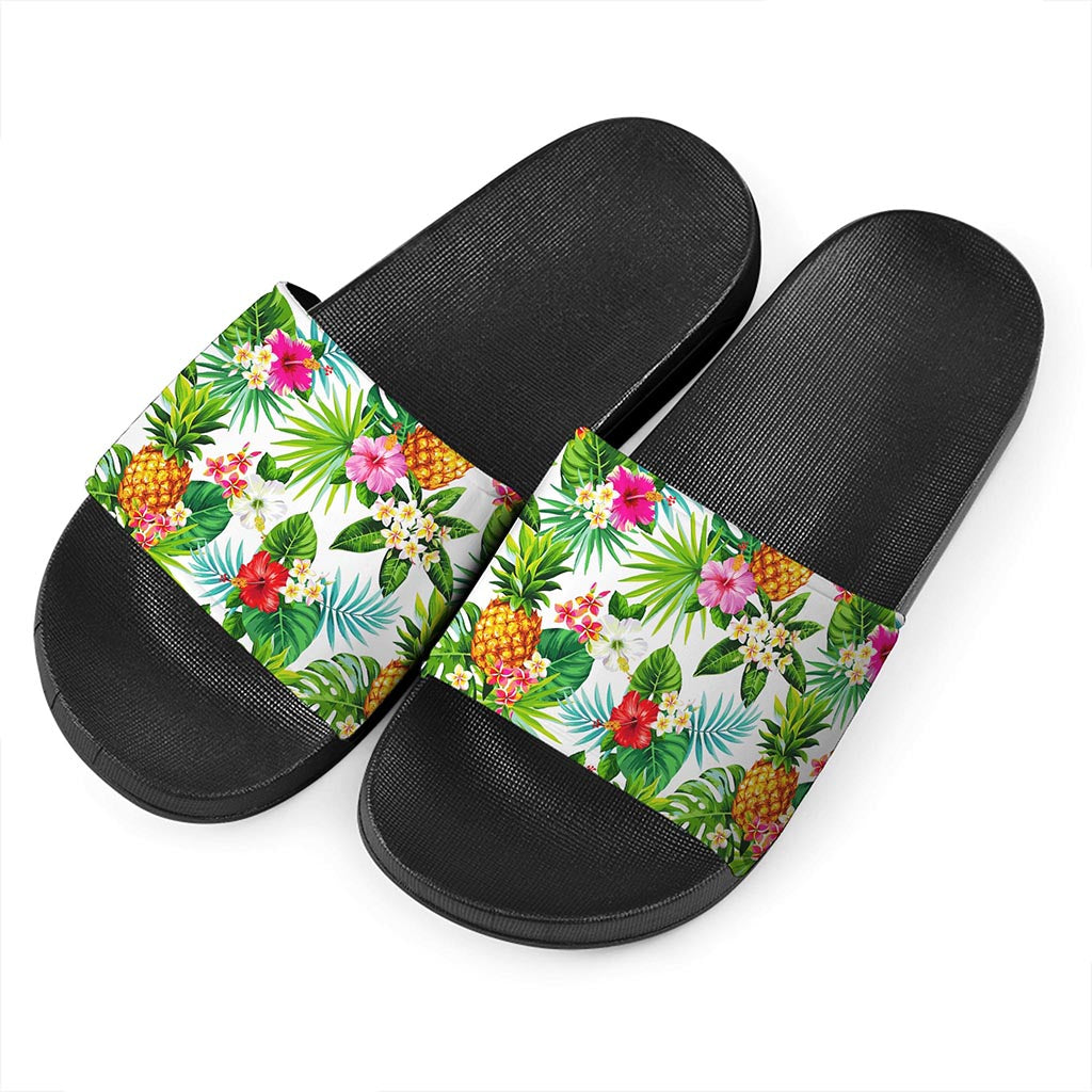 Tropical Aloha Pineapple Pattern Print Black Slide Sandals