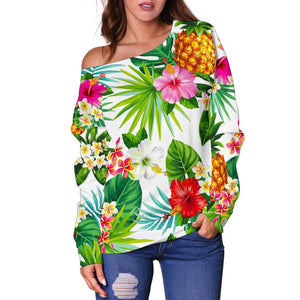 Tropical Aloha Pineapple Pattern Print Off Shoulder Sweatshirt GearFrost