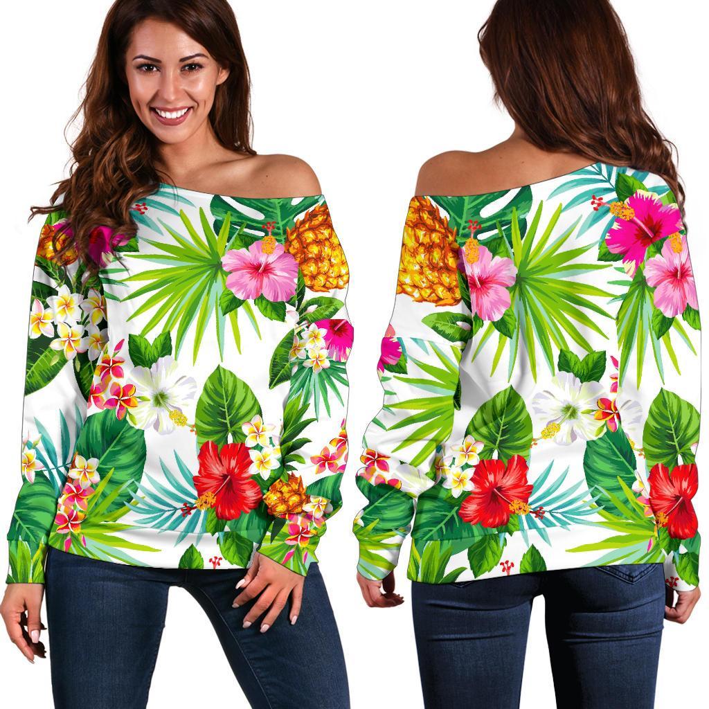 Tropical Aloha Pineapple Pattern Print Off Shoulder Sweatshirt GearFrost