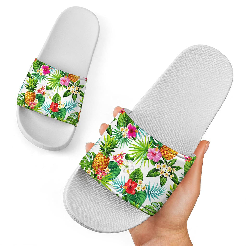 Tropical Aloha Pineapple Pattern Print White Slide Sandals