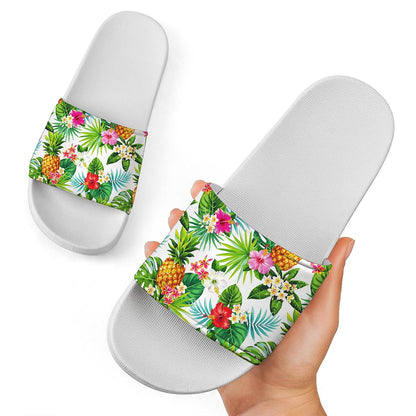 Tropical Aloha Pineapple Pattern Print White Slide Sandals