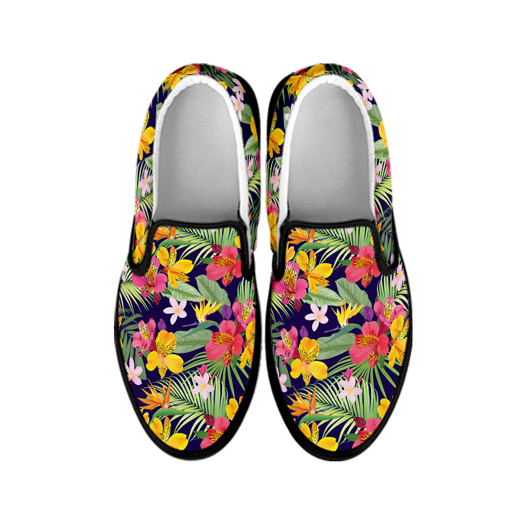 Tropical Alstroemeria Pattern Print Black Slip On Shoes