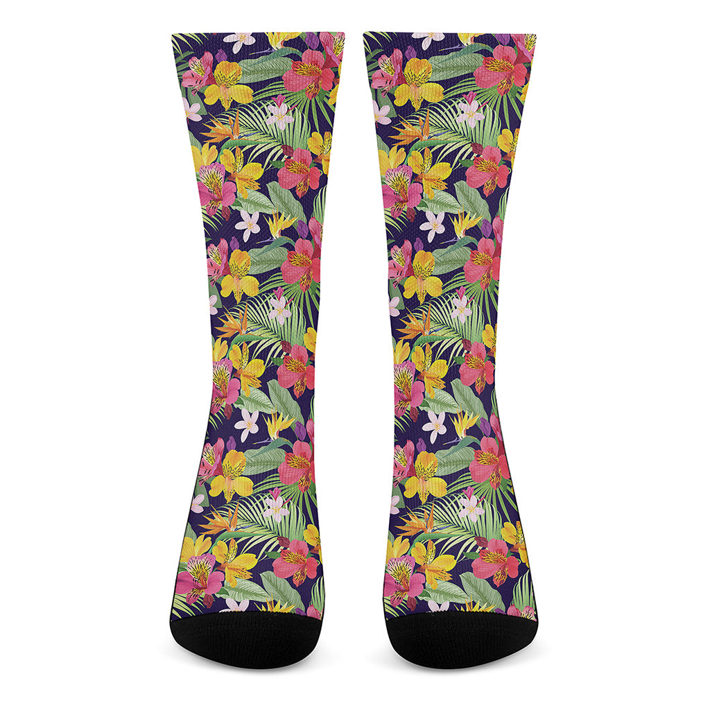 Tropical Alstroemeria Pattern Print Crew Socks