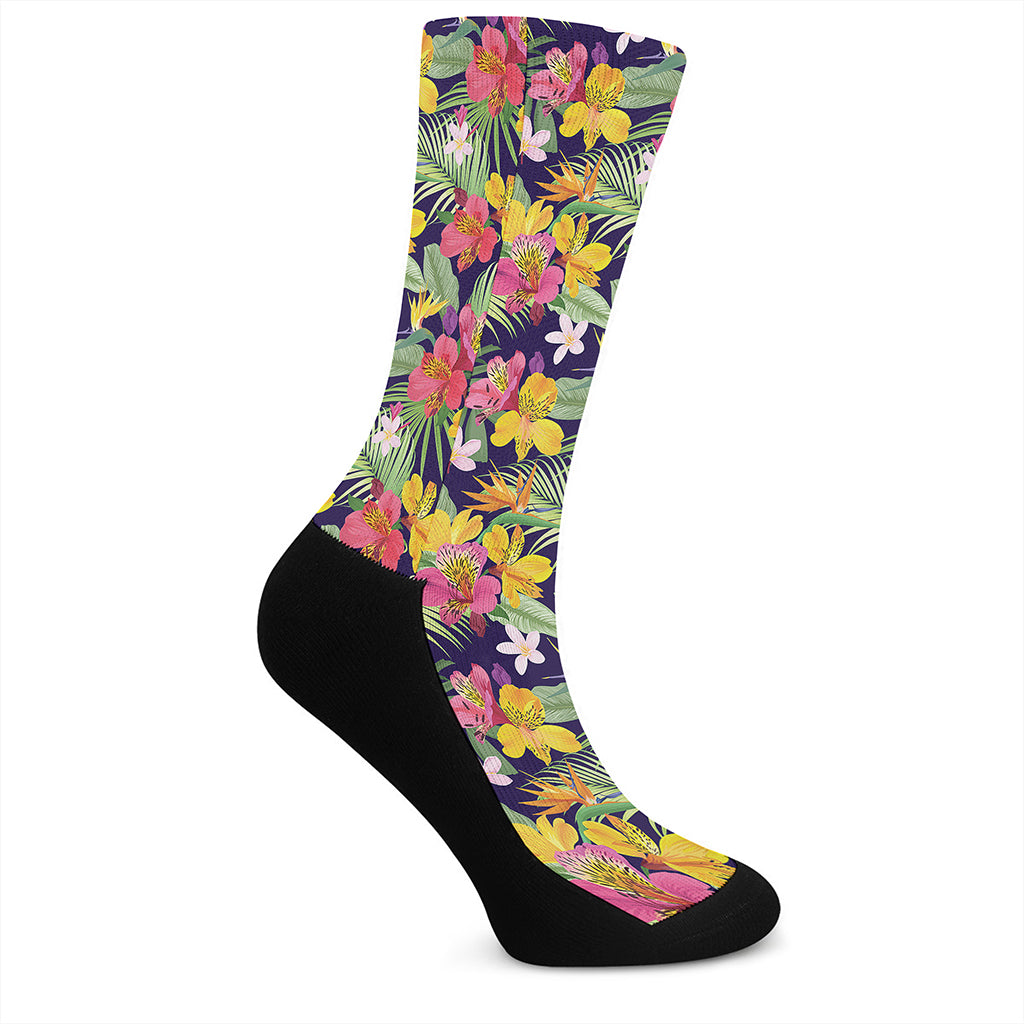 Tropical Alstroemeria Pattern Print Crew Socks