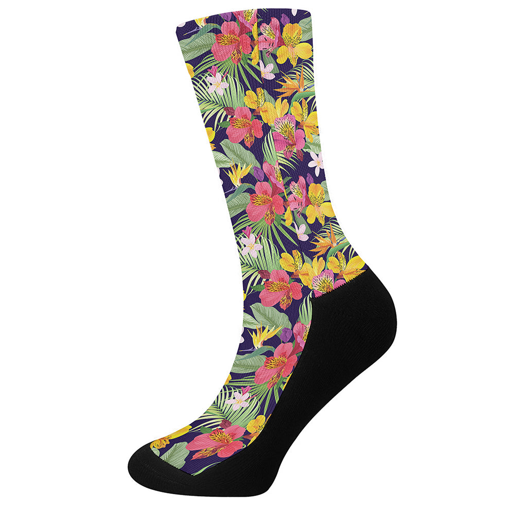 Tropical Alstroemeria Pattern Print Crew Socks