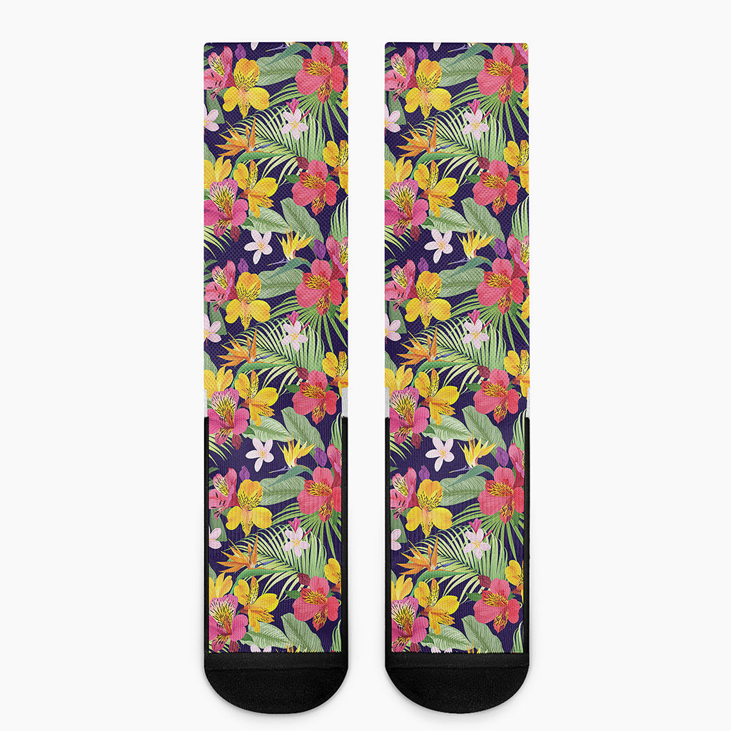 Tropical Alstroemeria Pattern Print Crew Socks