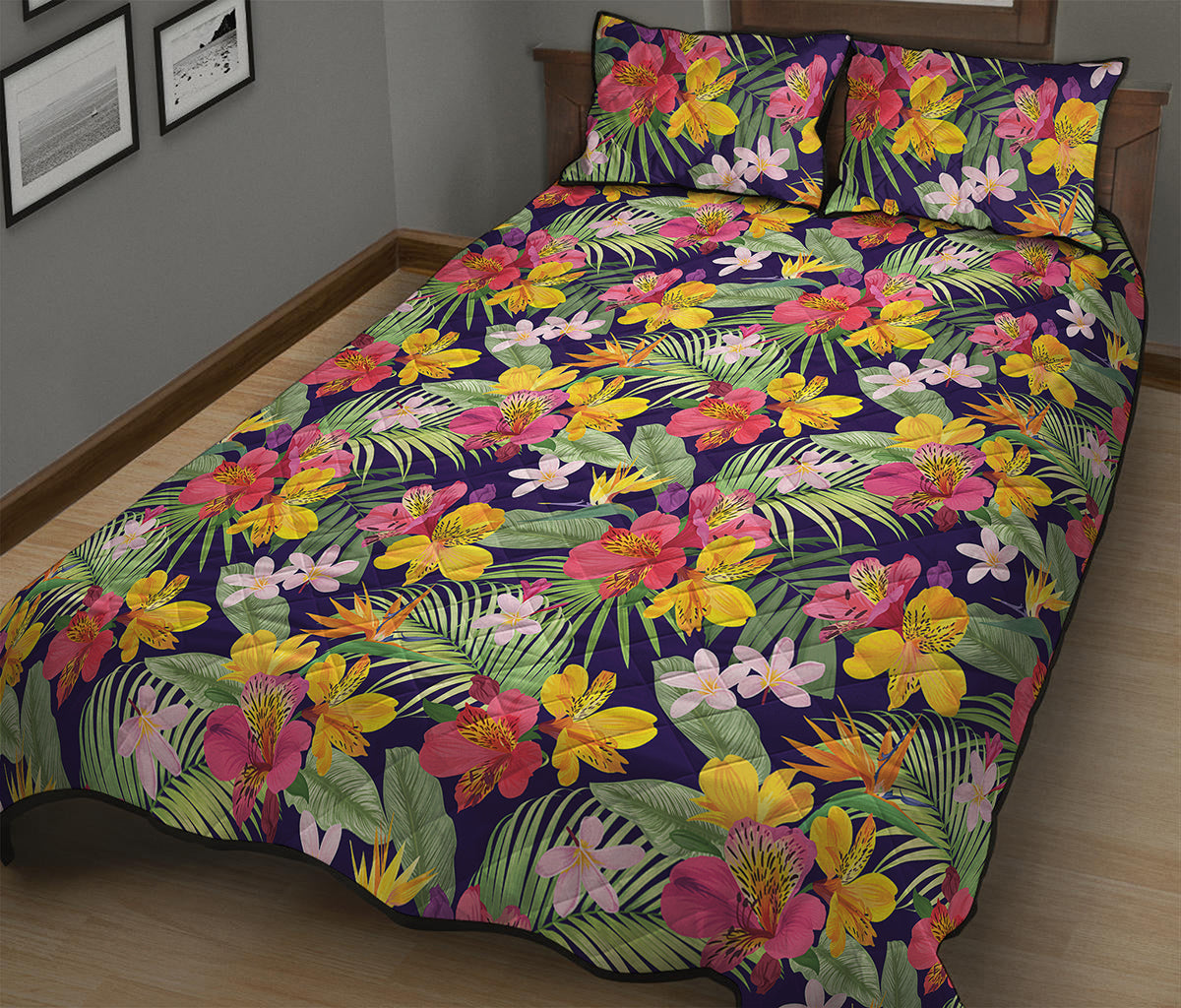 Tropical Alstroemeria Pattern Print Quilt Bed Set