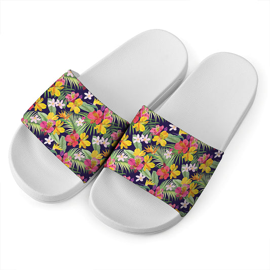 Tropical Alstroemeria Pattern Print White Slide Sandals