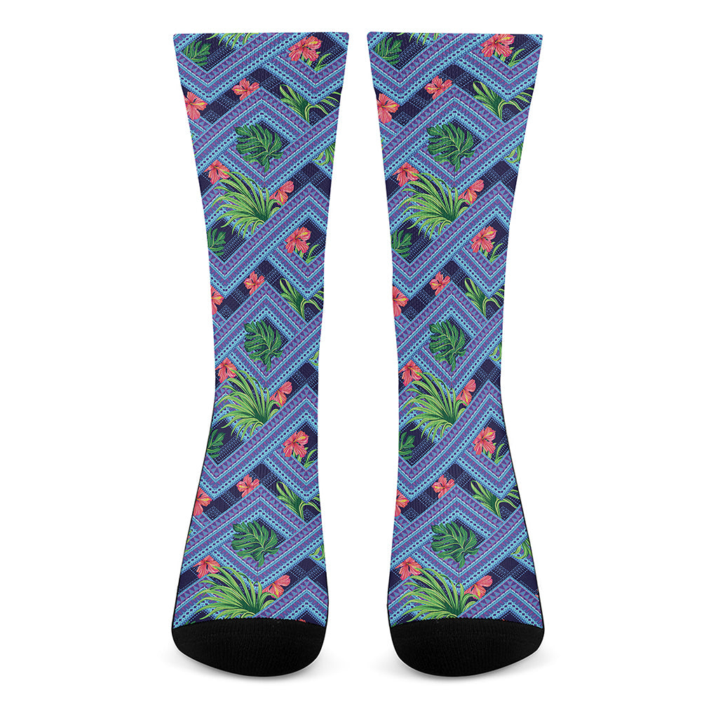 Tropical Aztec Geometric Pattern Print Crew Socks