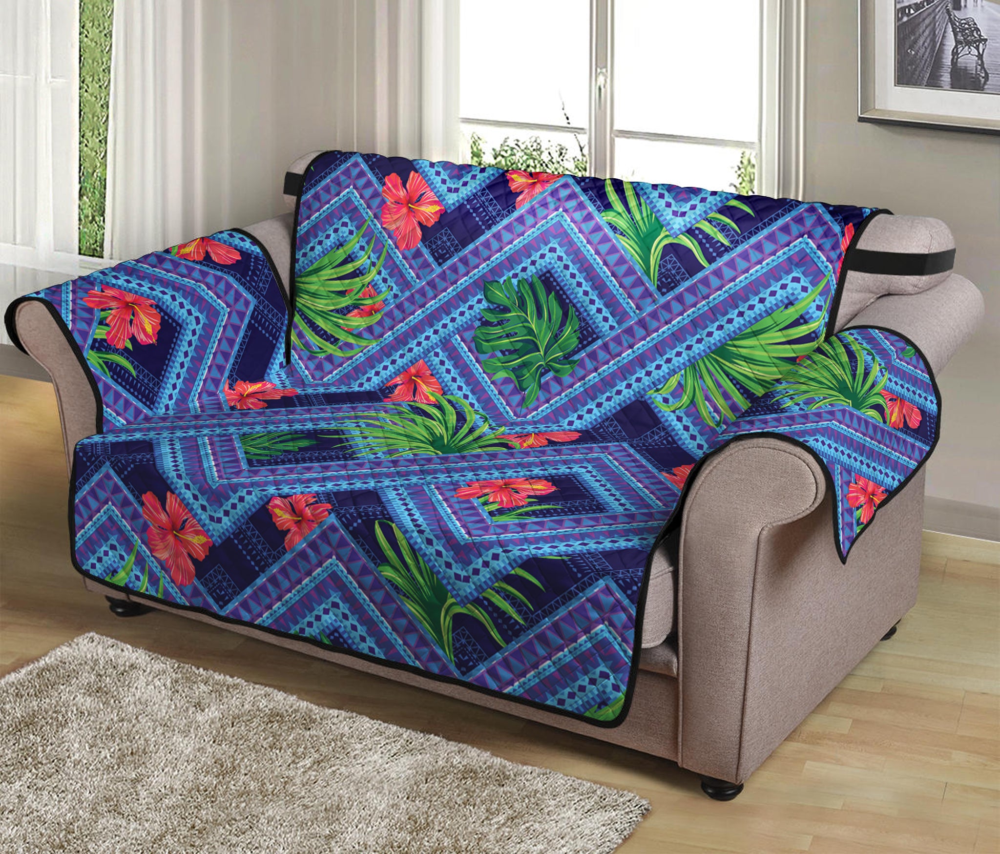 Tropical Aztec Geometric Pattern Print Loveseat Protector