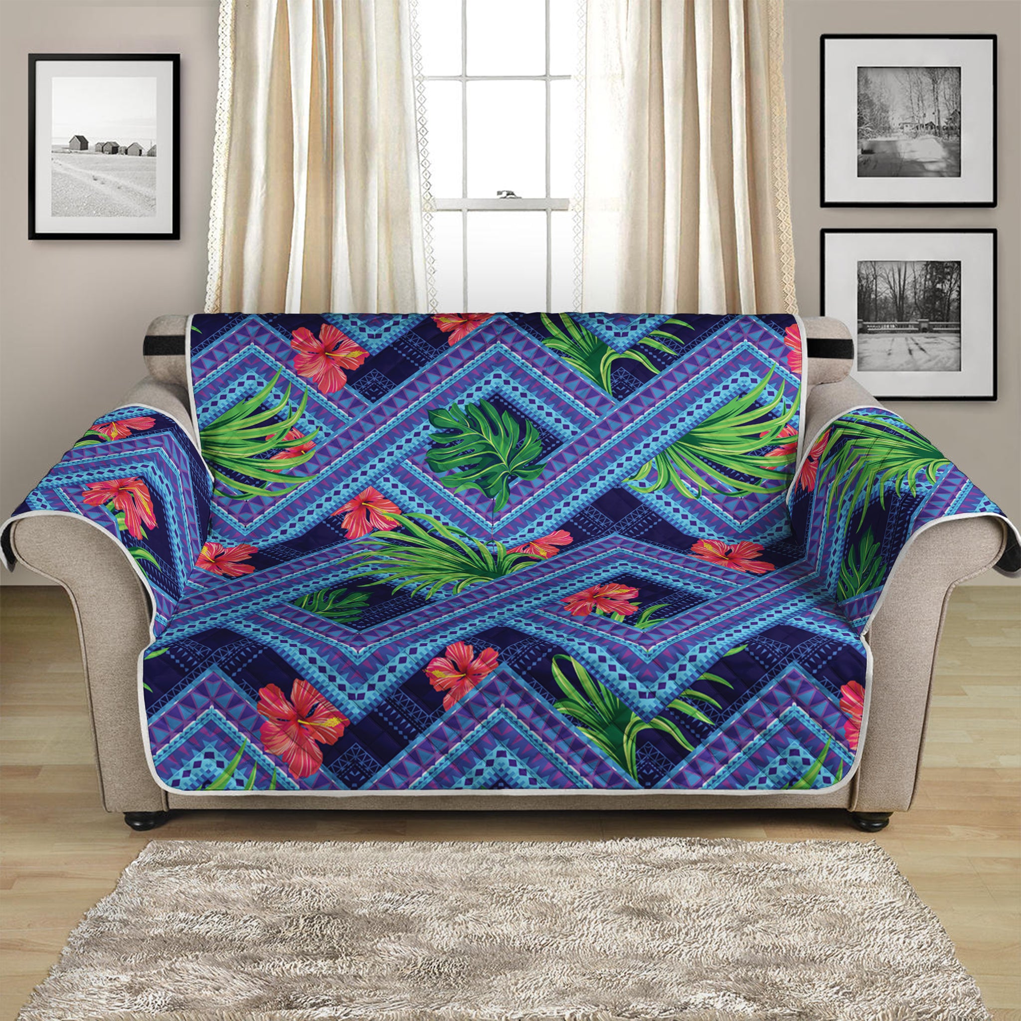 Tropical Aztec Geometric Pattern Print Loveseat Protector