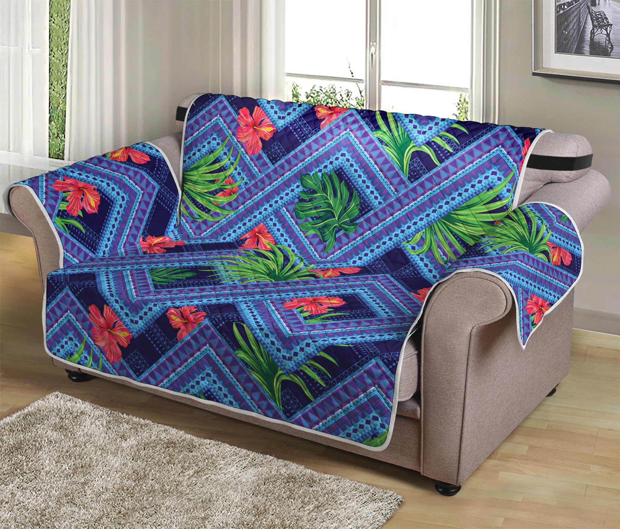 Tropical Aztec Geometric Pattern Print Loveseat Protector