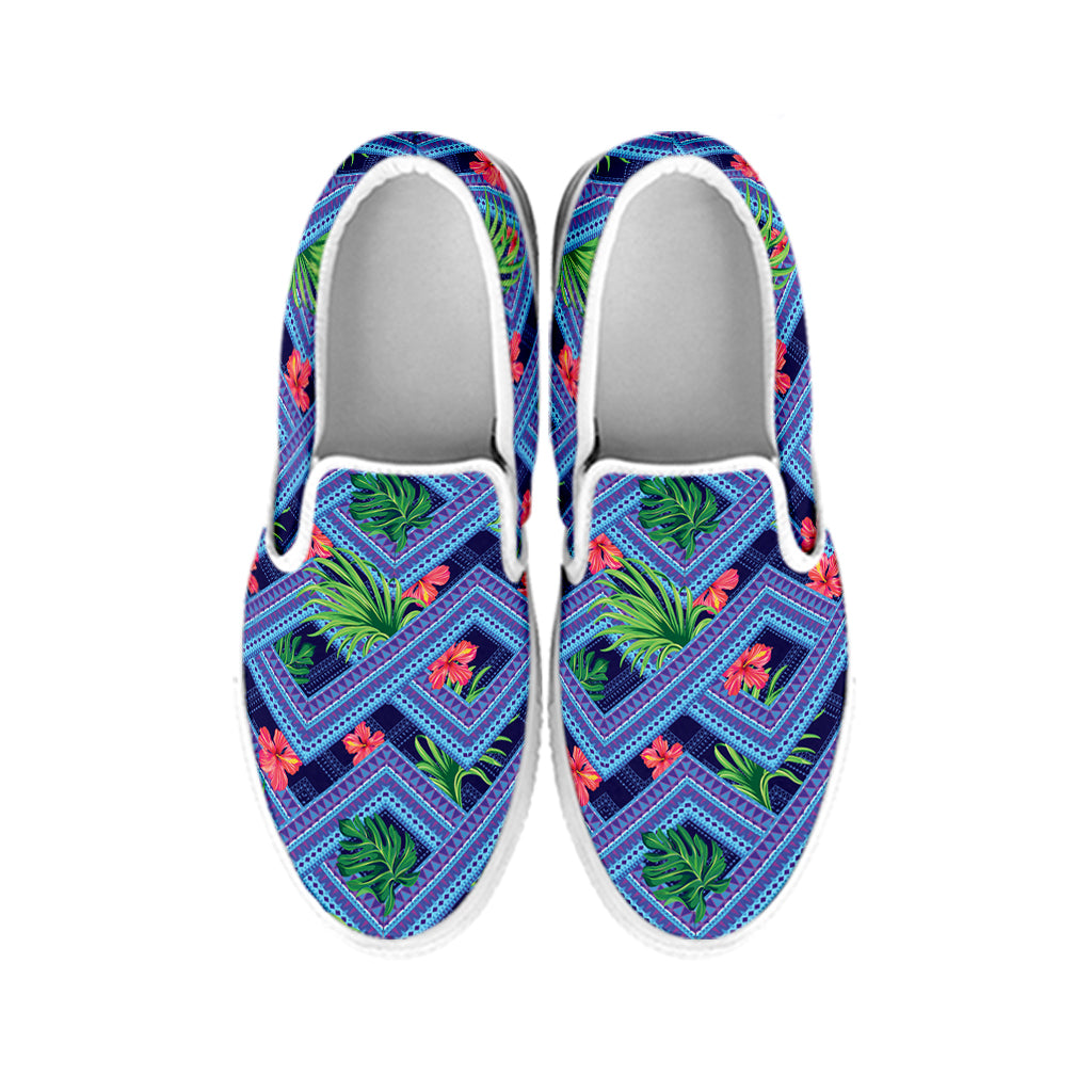 Tropical Aztec Geometric Pattern Print White Slip On Shoes