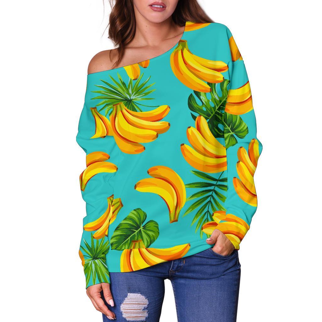 Tropical Banana Leaf Pattern Print Off Shoulder Sweatshirt GearFrost