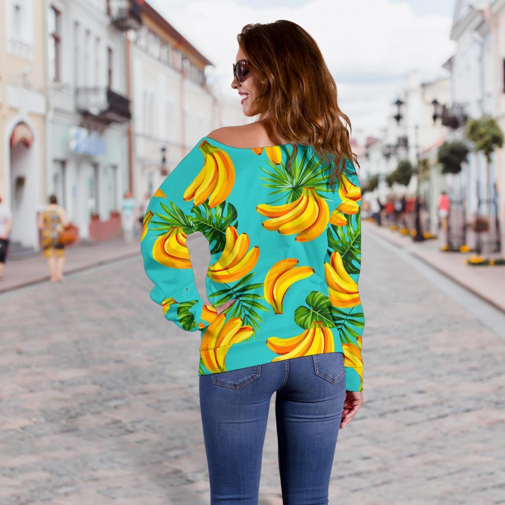 Tropical Banana Leaf Pattern Print Off Shoulder Sweatshirt GearFrost