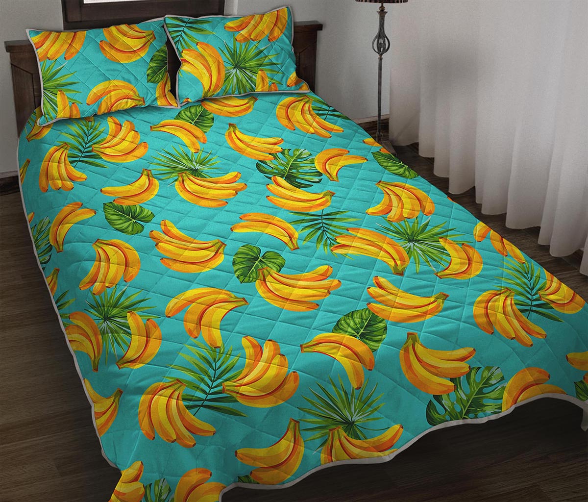 Tropical Banana Leaf Pattern Print Quilt Bed Set