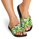 Tropical Banana Leaves Pattern Print Black Slide Sandals