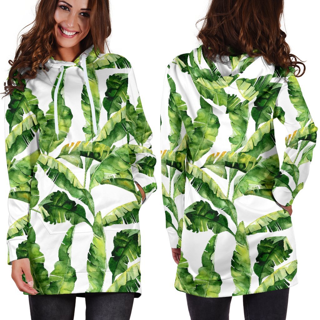 Tropical Banana Leaves Pattern Print Hoodie Dress GearFrost